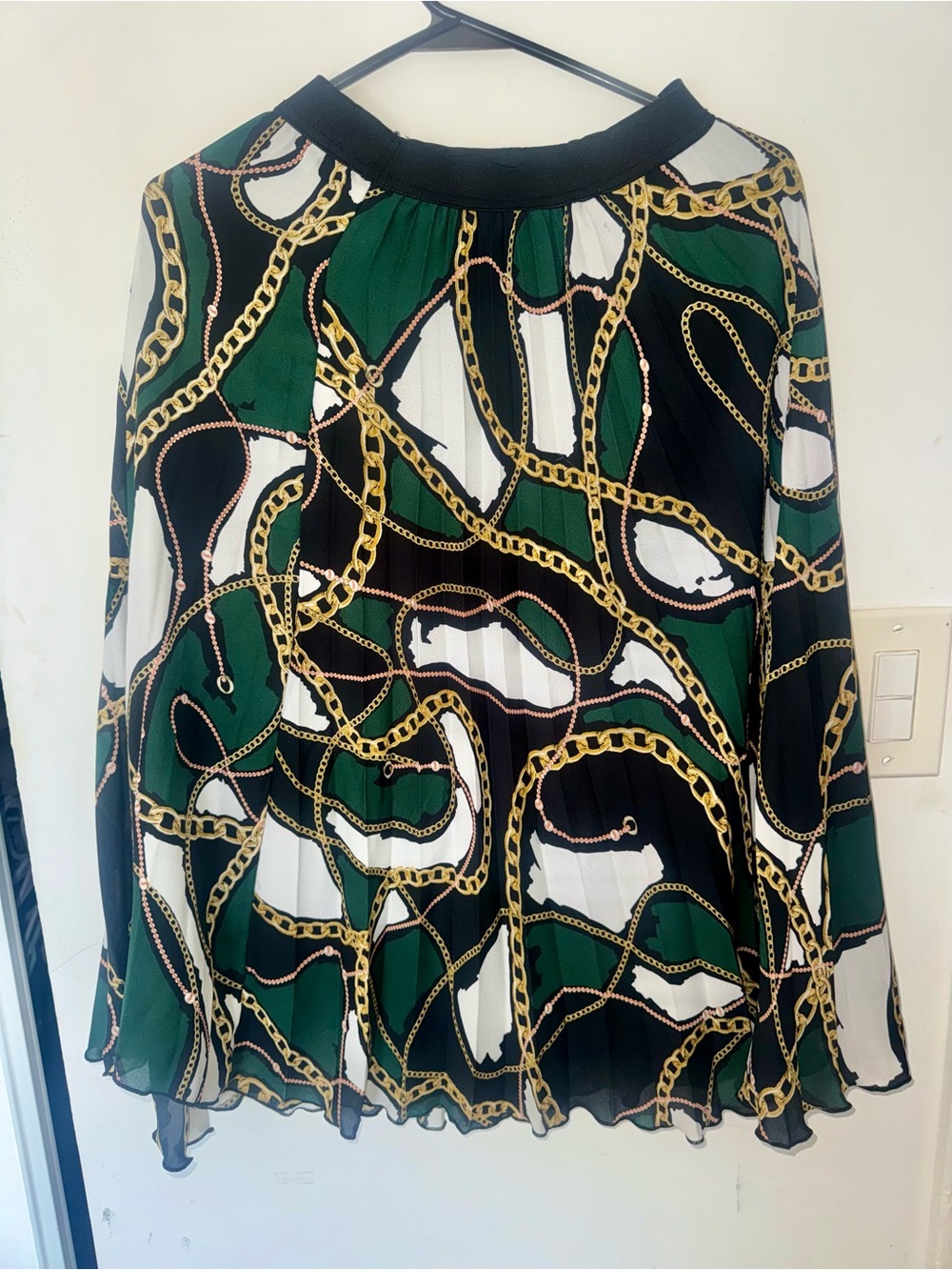 Primark Black, Green & White Pleated Chain-Print Midi Skirt